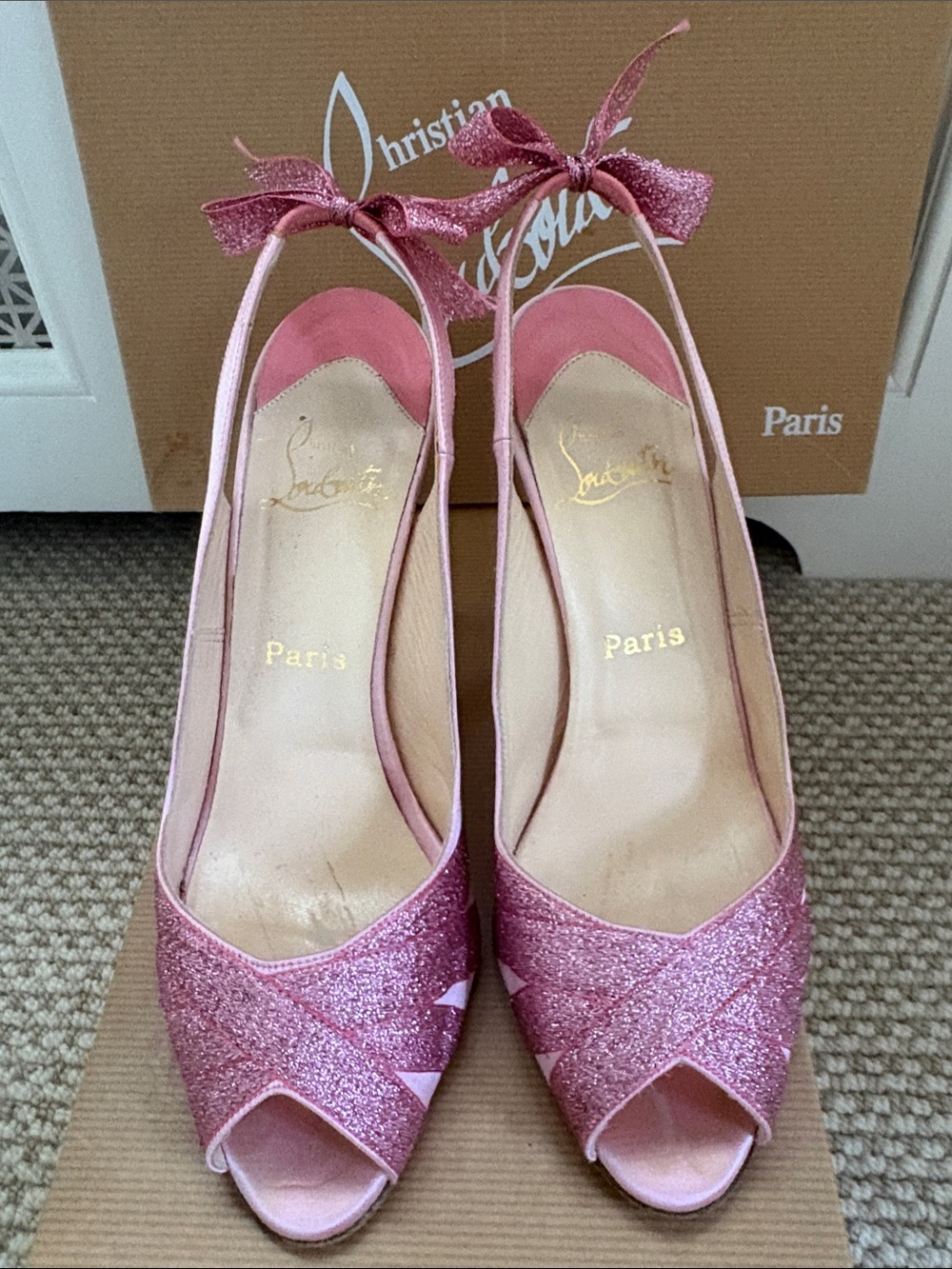 Christian Louboutin Coquine Pink Glitter Peep-Toe Slingbacks Size 10